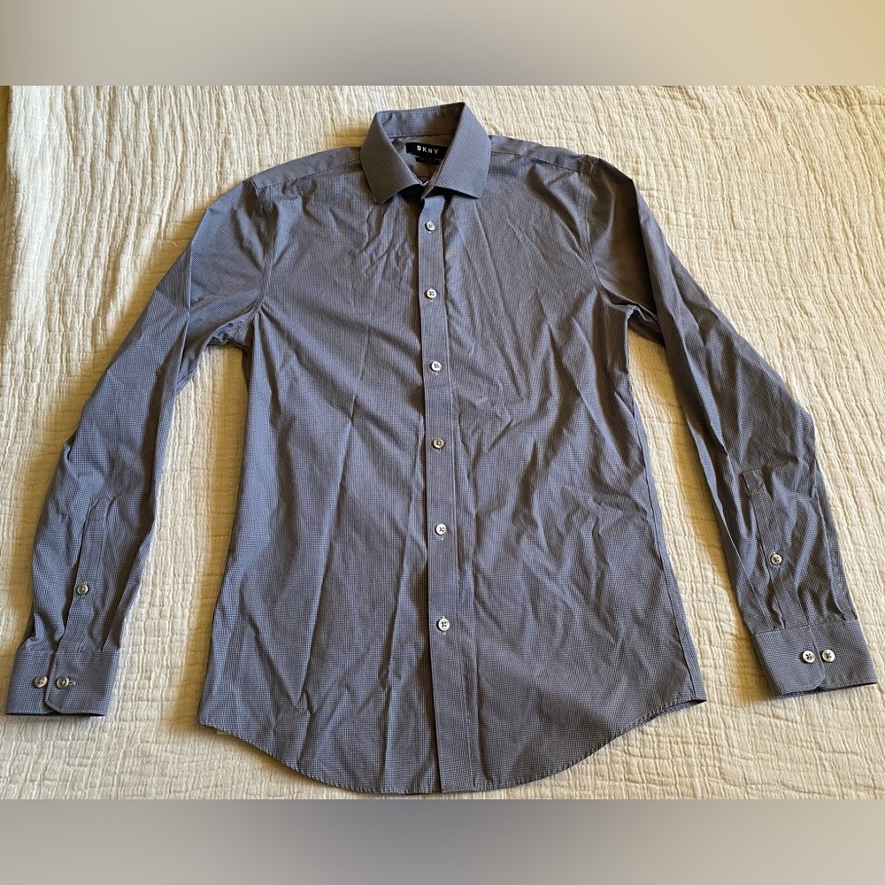 DKNY Shirt Men 14.5 32/33 Slim Fit Gray Plaid Long Sleeve Button Up Cotton